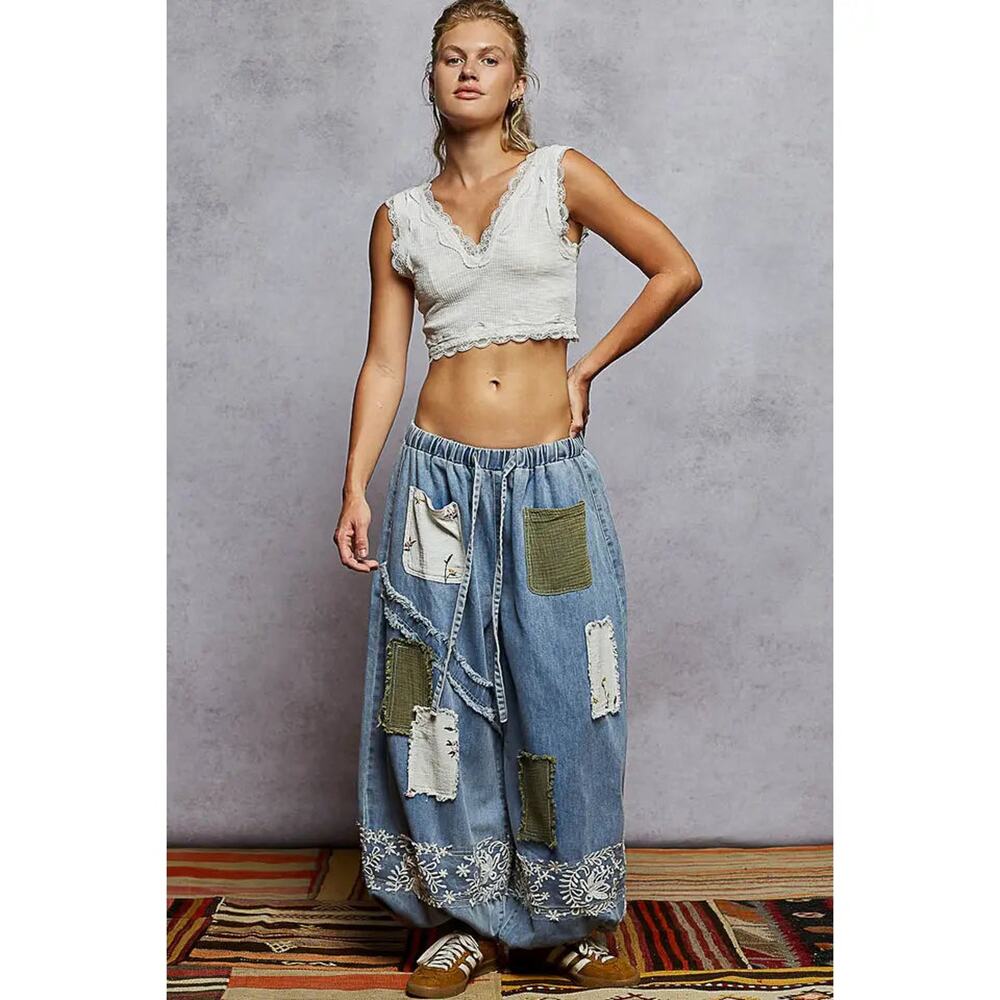 POL Denim Wide-Leg Patchwork Joggers with Olive & Cream Patches - Picture 3 of 4